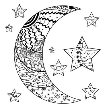Zentangle ay ve yıldız soyut desenler ile