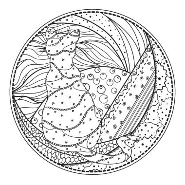 Kedi. Mandala. Elle çizilmiş zendala 