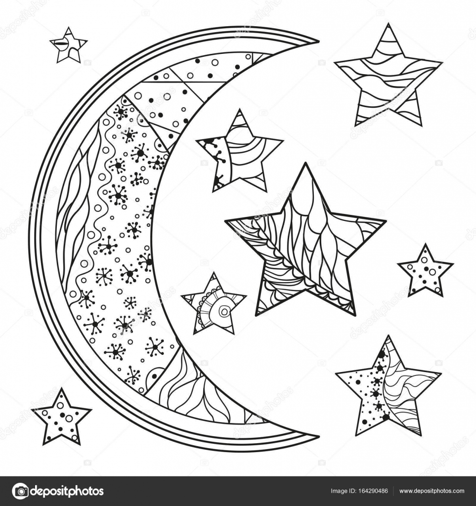 Zentangle moon and star with abstract patterns Stock Vector by 