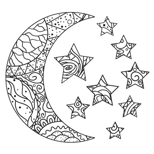 Luna y estrella Zentangle con patrones abstractos — Vector de stock