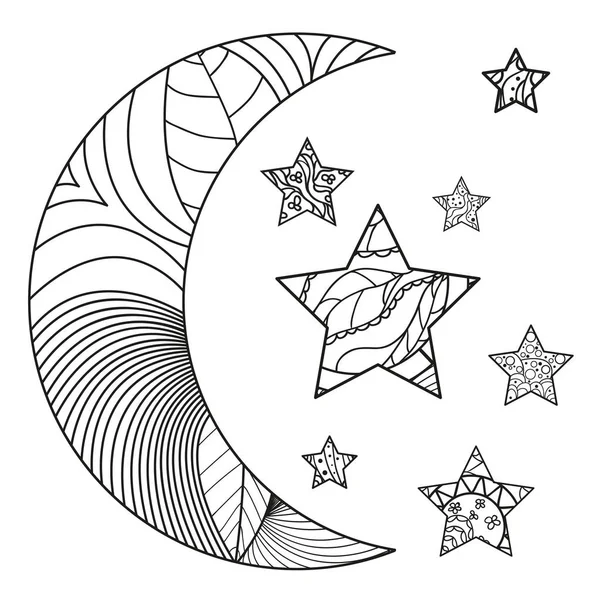 Zentangle moon and star with abstract patterns — Stock Vector