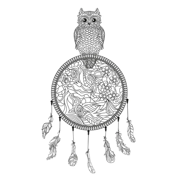 Dreamcatcher Met Uil Zentangle Abstracte Vogel Lijntekeningen Mystic Symbool Print — Stockvector