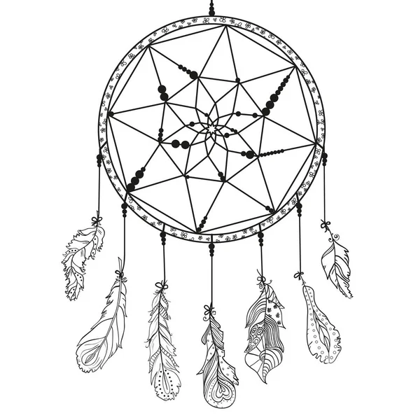 Dreamcatcher Zentangle Fjädrar Abstrakta Mystic Symbol Amerikanska Indianer Symbol Zen — Stock vektor