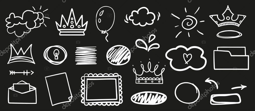 Hand drawn sketchy elements on isolated black background. Simple things. Set of different symbols. Black and white illustration. Doodles for your design