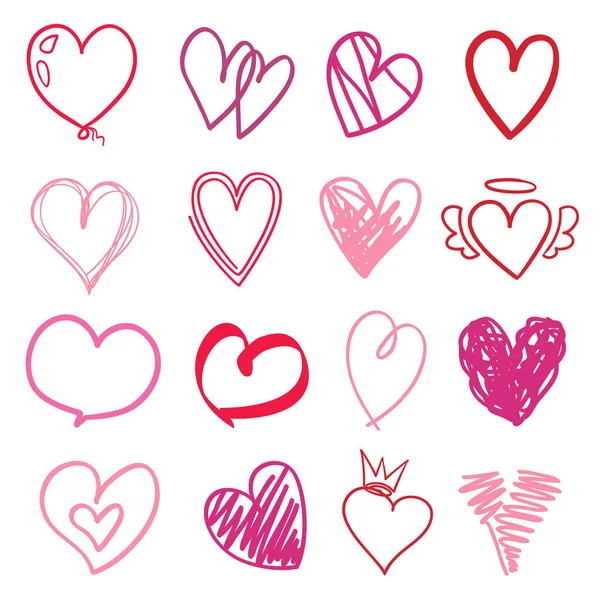 Καρδιά Πολύχρωμες Διαφορετικές Καρδιές Στο Λευκό Ζωγραφισμένα Στο Χέρι Σύμβολα — Διανυσματικό Αρχείο