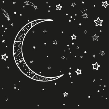 Hilal ay ve soyut desenli yıldızlar. Siyah beyaz illüstrasyon