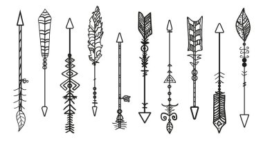 Yay okları. Kabile süslemeleri ile farklı kırsal oklar. Siyah beyaz illüstrasyon
