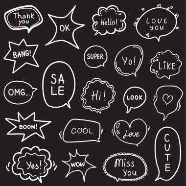 Farklı kelimelerle yazılmış el yapımı konuşma baloncukları. Özet olarak özetlenmiş konuşma balonu. Siyah beyaz illüstrasyon