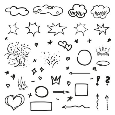 Özetlenmiş elementler İzolasyon arkaplanındaki semboller. Beyaz üzerine çizik işaretleri. El çizimi bilgi elemanları. Siyah beyaz illüstrasyon