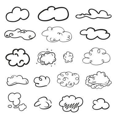 İzolasyon arka planında bulutlar. Beyaz üzerine karalamalar. El çizimi sanat eseri. Siyah beyaz çizim. Doğa konsepti