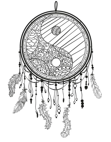 Yin Yang Dreamcatcher Alb Simbolul Mistic Abstract Ilustrație Alb Negru — Vector de stoc
