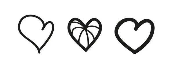 Coeur Noir Contour Coeurs Simples Dessinés Main Illustration Noir Blanc — Image vectorielle