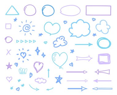 Beyazda izole edilmiş bilgi elementleri. Çok renkli el işaretleri ve semboller çizmiş. Çizgi çalışması. Renkli illüstrasyon. İş için karalamalar