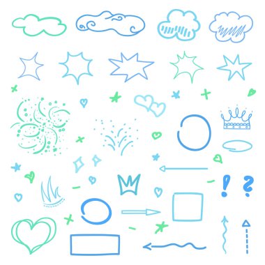 İzole edilmiş arka planda renkli ana hatlar. Beyazın üzerine çizik. El çizimi basit geometrik şekiller. Renkli illüstrasyon. Doğa konsepti