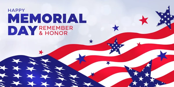 Memorial Day holiday banner, USA flag waving on light background. Design template for sale, discount, advertisement, web. Place for your text. Vector illustration