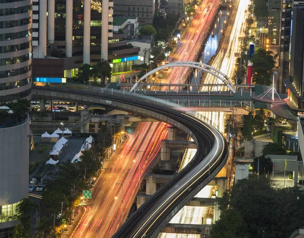 Aerial view of the rail road way sky train over Bangkok city