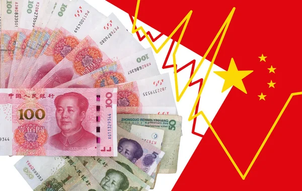 Internationale Währung Asiatische Banknote Chinesischer Yuan Mit Flagge Und Liniendiagrammen — Stockfoto