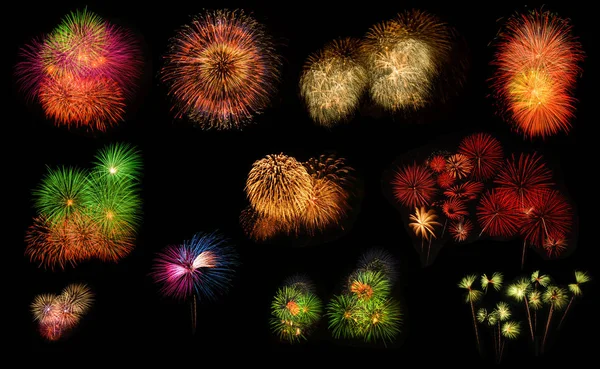 Collectie Van Realistisch Kleurrijke Vuurwerk Vonken Effen Zwarte Achtergrond — Stockfoto