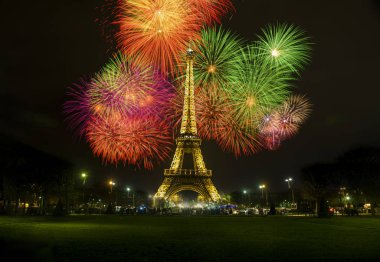 Paris, Fransa - 1 Ocak 2016: Eyfel Kulesi ışık performansı, sırıtmak yaktı.