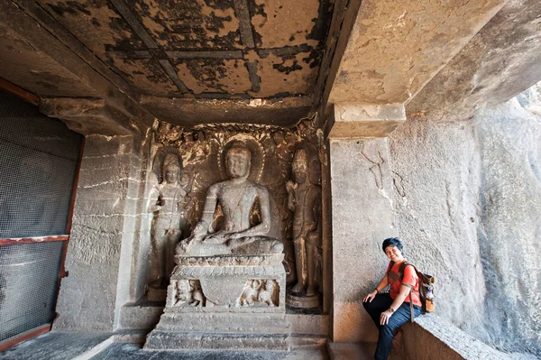 Grotte Ellora Patrimonio Dell Umanità Unesco Statua Del Grande Buddha — Foto Stock
