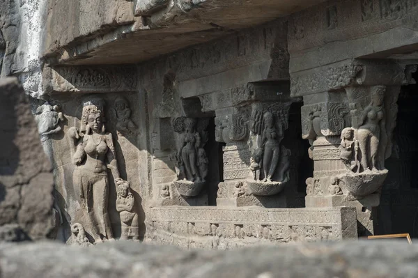 Ellora Höhlen Unesco Weltkulturerbe Statue Des Großen Buddhas Inneren Heiligtümer Stockbild