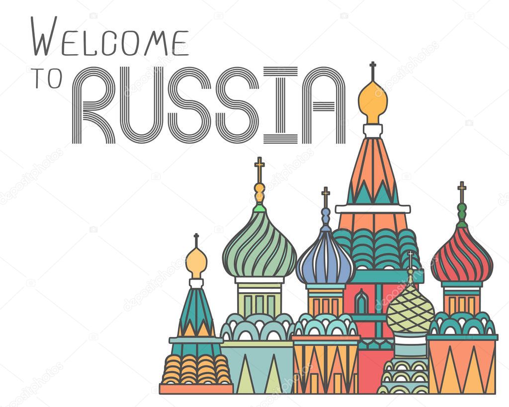 Welcome to Russia poster with Russian famous cathedral.