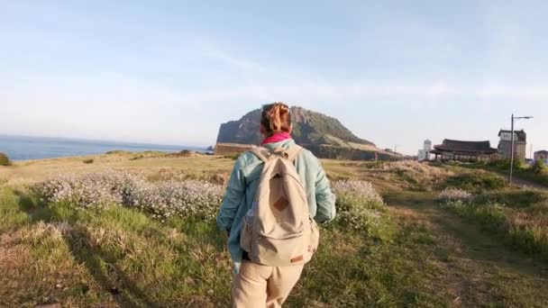 Жінка професійний фотограф фотографує пейзаж — стокове відео