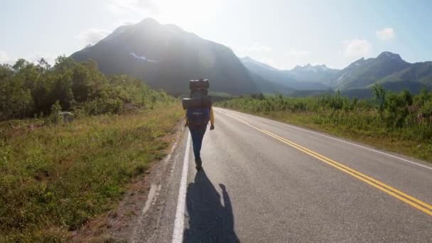 Młoda kobieta Backpacker autostopowicz chodzenie po drodze z pięknym widokiem — Wideo stockowe