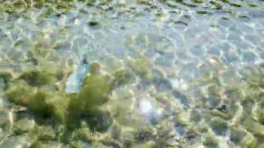 Bir parça plastik ambalaj kristal berrak suda yüzer..