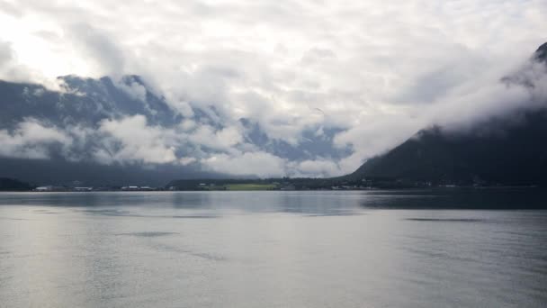 View to the beautiful Norwegian village with the traditional houses at the fjord — ストック動画