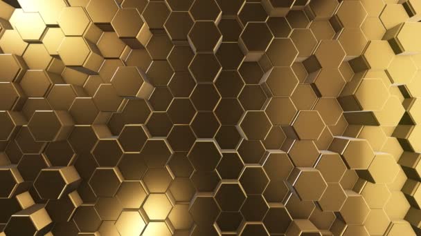 Altıgen arı kovanının kusursuz döngüsünün 3D altın animasyonu. — Stok video