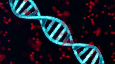 Virüsleri temsil eden uçan parçacıkların olduğu karanlık bir arkaplanda soyut DNA.. 