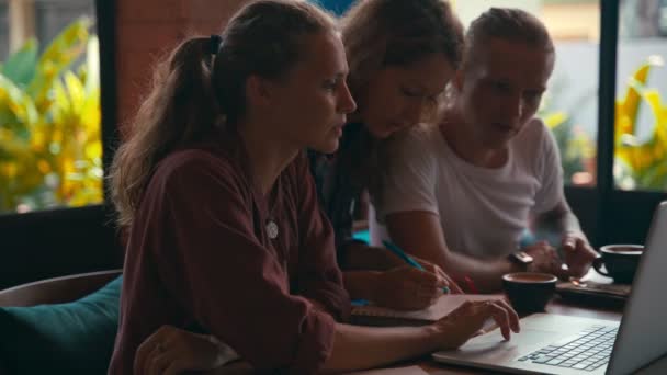 Team van jonge collega 's die op laptops werken en zaken bespreken — Stockvideo