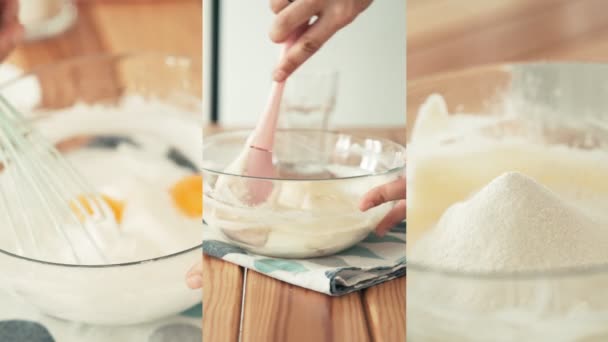 Une femme mélangeant blancs d'œufs, jaunes et farine pour faire une pâte . — Video