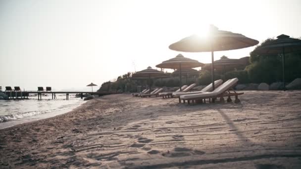 Handgehaltene Aufnahme von leeren Liegestühlen am Strand des Luxushotels. Niemand. — Stockvideo