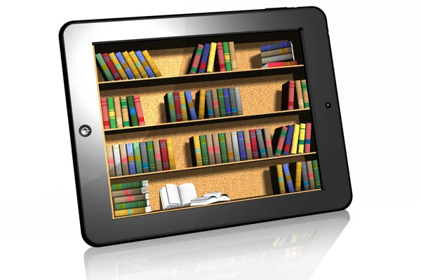 EBook Kütüphane raflarında tablet — Stok fotoğraf