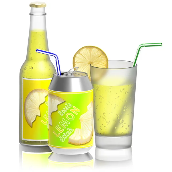 Latas de botella de vidrio de limonada — Foto de Stock