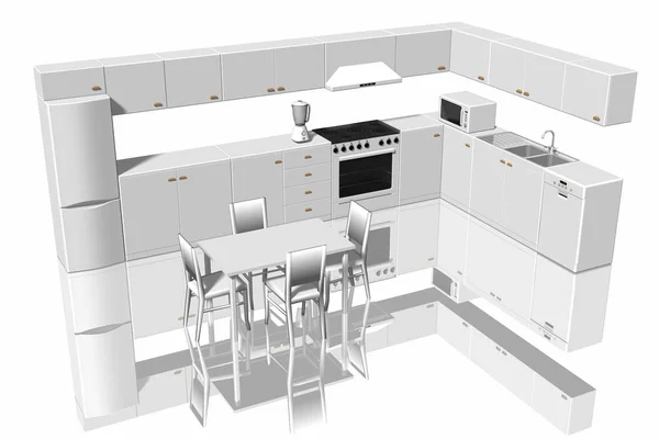 Kitchen House White - 3D illustration — Stock Photo, Image