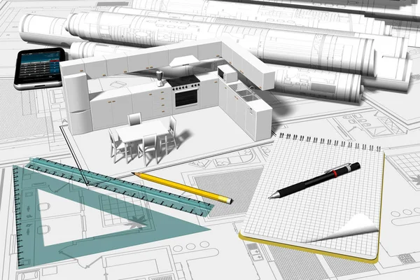  Mutfak ev beyaz - 3d çizim