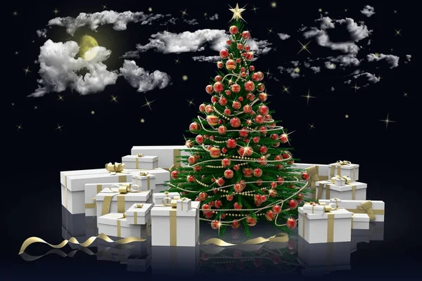 Árbol de Navidad decorado y regalos. Cielo estrellado — Foto de Stock