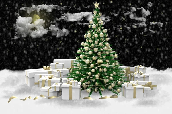 Árvore de Natal decorada e presentes na neve — Fotografia de Stock