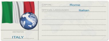 3D çizim. İtalya. Hedef. Bilet. Biniş. Beyaz arka plan üzerinde izole.