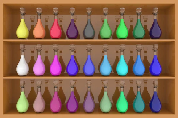 Ilustracja Seria Kolorowych Butelek Różnych Odcieniach Półce — Zdjęcie stockowe