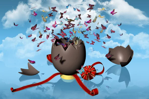 Ilustración Huevo Pascua Roto Con Cinta Fondo Primavera Con Mariposas —  Fotos de Stock
