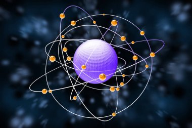 Soyut resim. Alan, atomlar, gezegenler, moleküller, siyah ve mavi arka plan üzerinde elektron
