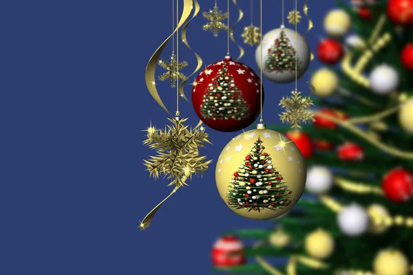 Natal Decoração Natal Abeto Decorado Com Fundo Azul — Fotografia de Stock
