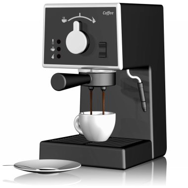 Beyaz arka planda kahve fincanları ve kahve makinesi..