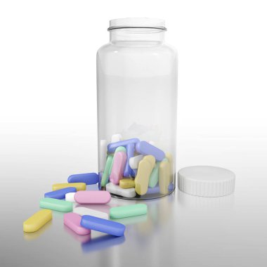 Üç boyutlu illüstrasyon. İlaç konteynırı. Beyaz arkaplanda yansımalı ilaçlar ve konteyner.