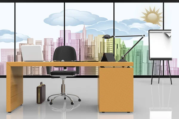 3Dイラスト オフィスのインテリア 机とコンピュータ付き 街の景色を背景に — ストック写真