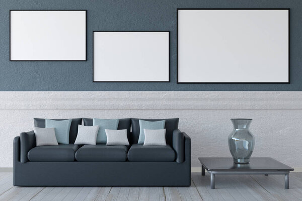 3D иллюстрация. Домашняя среда. Гостиная с диваном, креслами и элементами мебели
